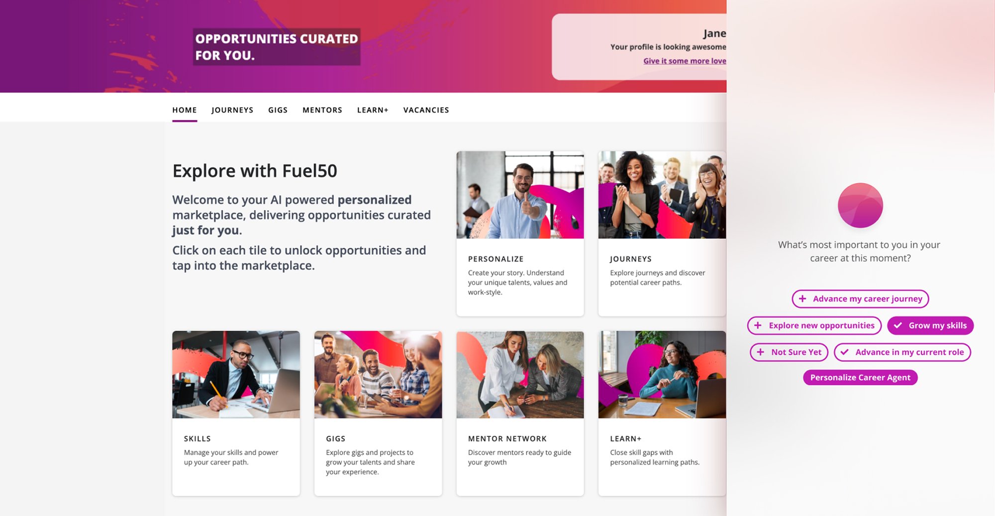 A screen showing the employee homepage of the Fuel50 platform, complete with the Career Advisor Agent.