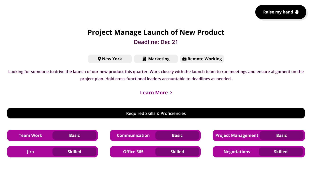 Fuel50 project gig for a new product launch with location, function, work arrangement, and required skill proficiencies
