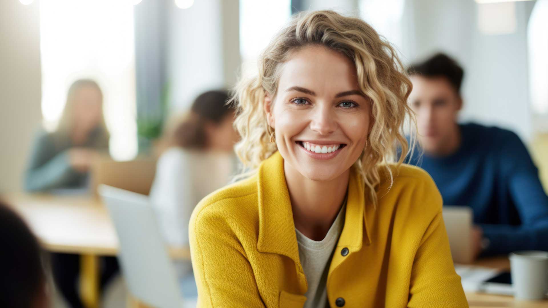 Image used for Fuel50 Talent Marketplace. Woman smiling in office setting.