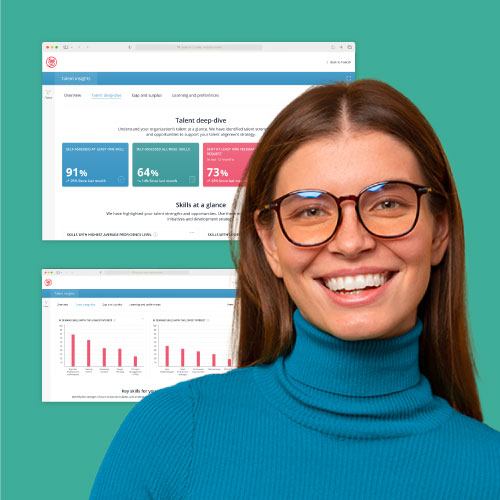 Fuel50 Insights, image of a woman with the Insights dashboard pictures behind her on a green background