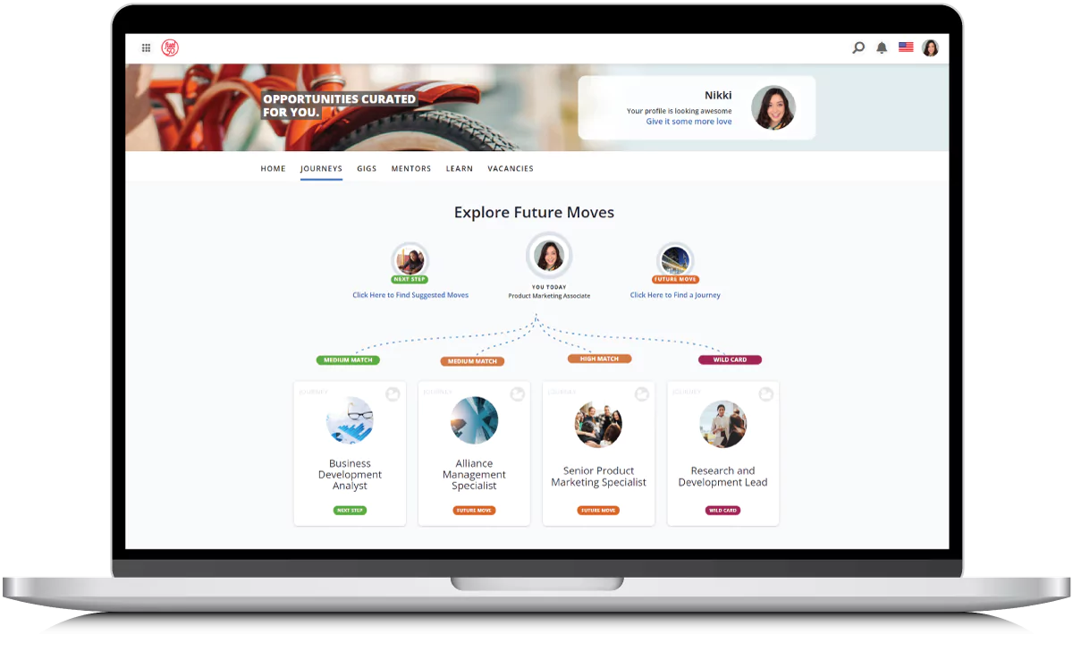 Fuel50's Talent Marketplace Dashboard pictured on a laptop